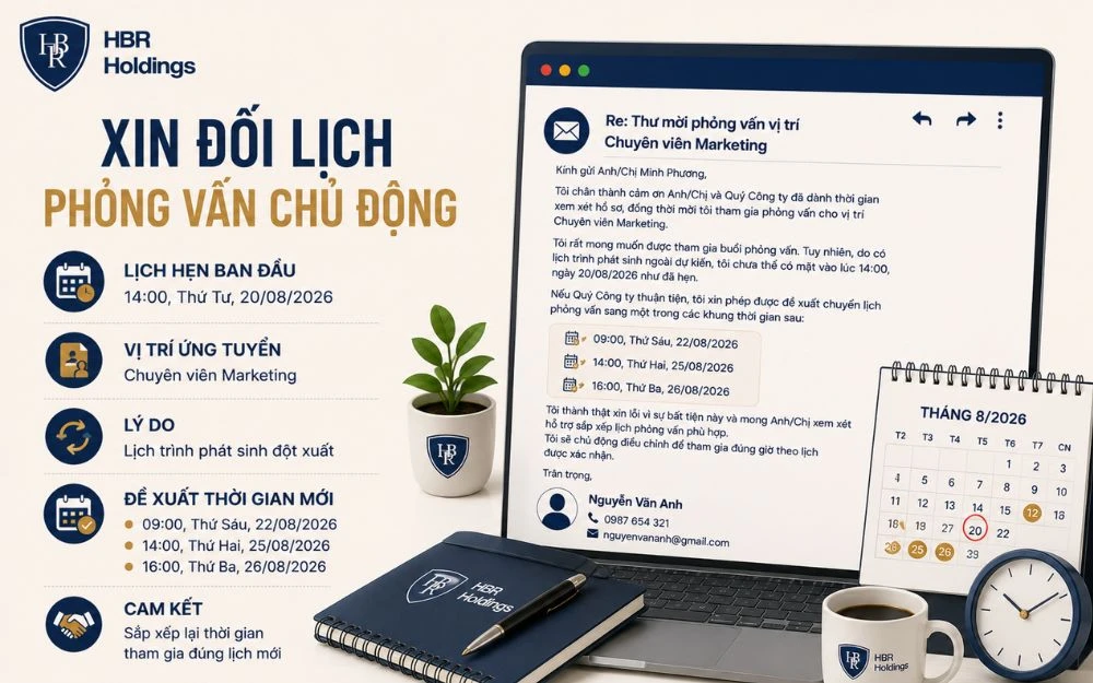 Mẫu email xin đổi lịch phỏng vấn lịch sự, chuyên nghiệp và thể hiện thiện chí hợp tác.