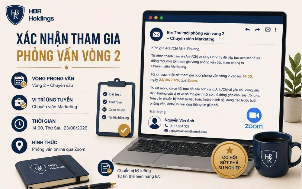 Mẫu email xác nhận phỏng vấn vòng hai chuyên nghiệp, thể hiện sự chủ động và thiện chí.