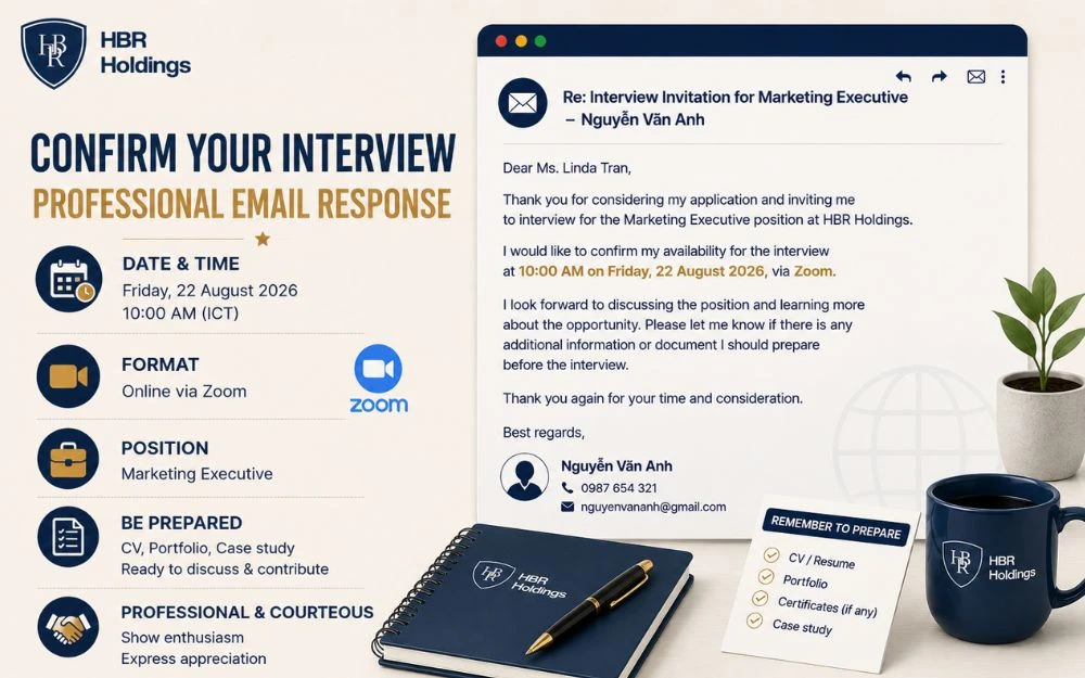 Mẫu email xác nhận phỏng vấn bằng tiếng Anh chuyên nghiệp, ngắn gọn và đúng chuẩn.