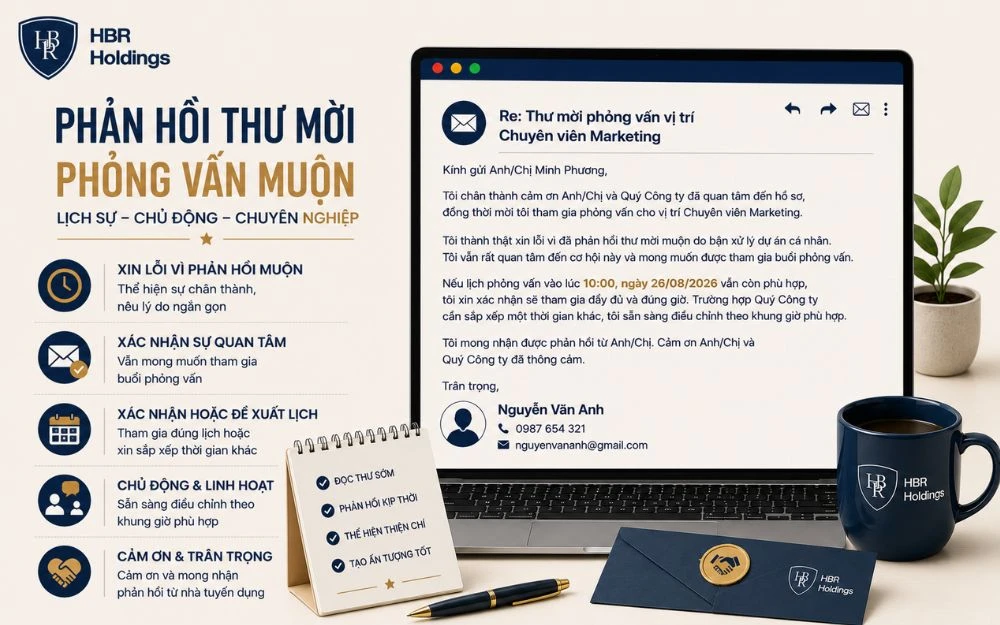 Mẫu email phản hồi thư mời phỏng vấn muộn vẫn giữ thiện cảm với nhà tuyển dụng.