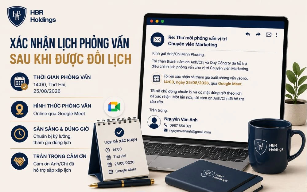 Mẫu email xác nhận lại lịch phỏng vấn sau đổi lịch rõ ràng và chuyên nghiệp.