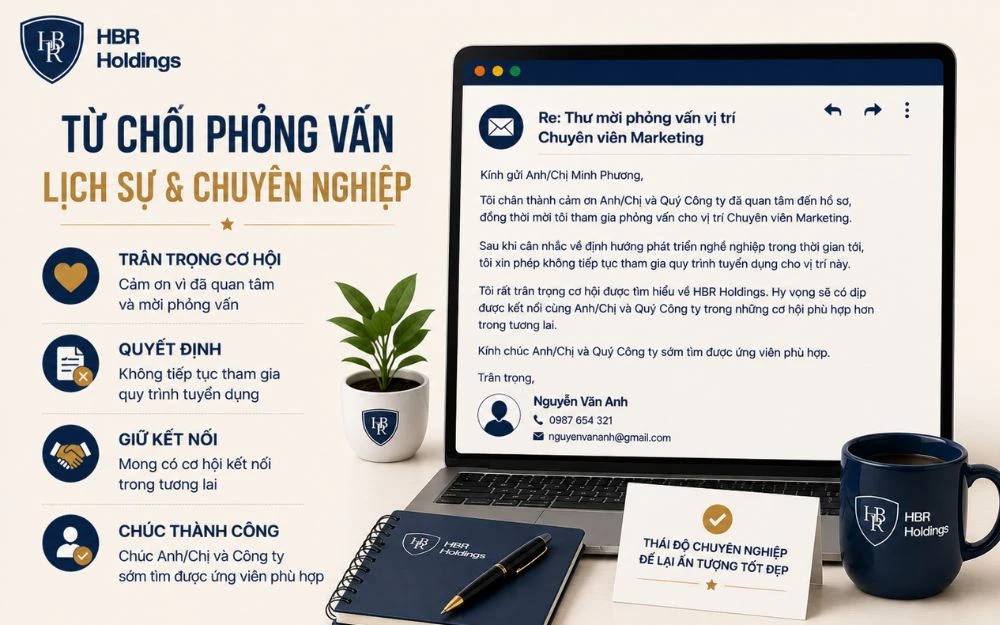Mẫu email từ chối phỏng vấn lịch sự, giữ thiện cảm và mối quan hệ với nhà tuyển dụng.
