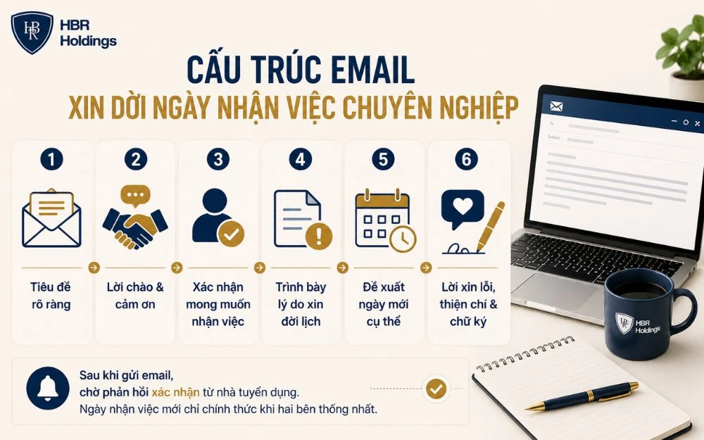 Cấu trúc email xin dời ngày nhận việc rõ ràng, lịch sự và chuyên nghiệp.