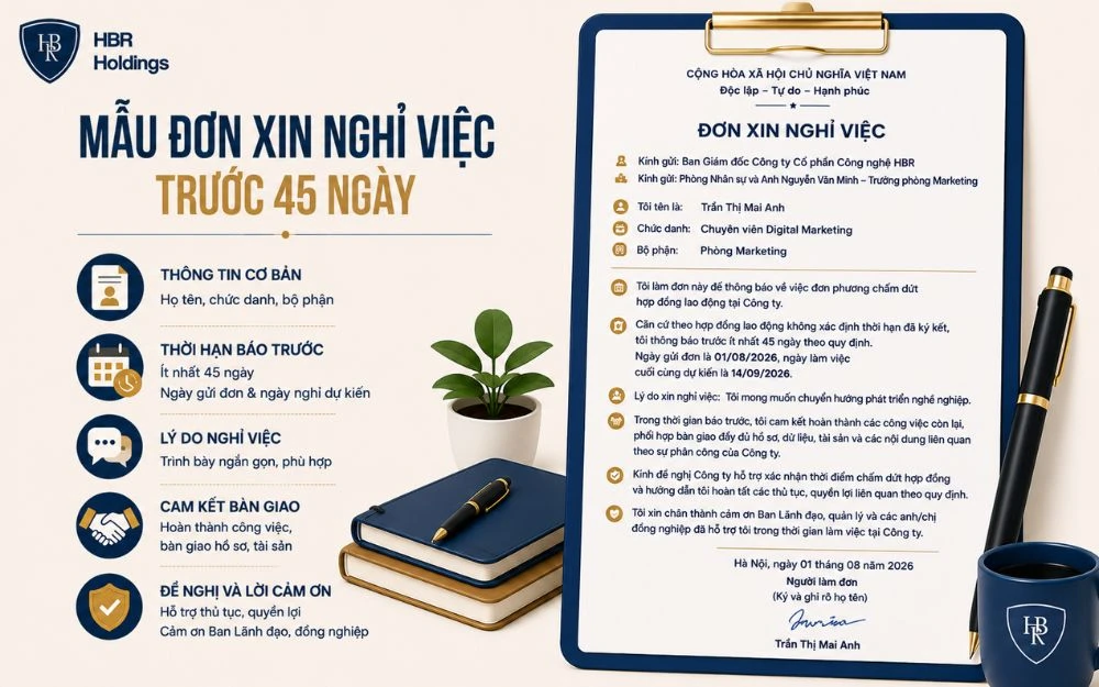 Mẫu đơn xin nghỉ việc trước 45 ngày thông dụng, đúng quy định và dễ sử dụng.