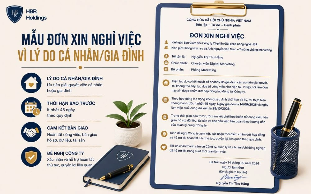 Mẫu đơn xin nghỉ việc vì lý do cá nhân hoặc gia đình, lịch sự và rõ ràng.