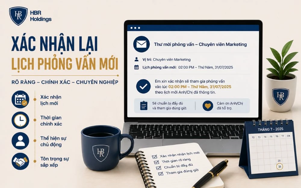 Mẫu email xác nhận lại lịch phỏng vấn sau đổi lịch rõ ràng và chuyên nghiệp.