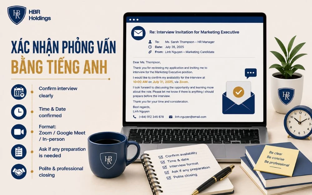 Mẫu email xác nhận phỏng vấn bằng tiếng Anh ngắn gọn, đúng chuẩn doanh nghiệp quốc tế.