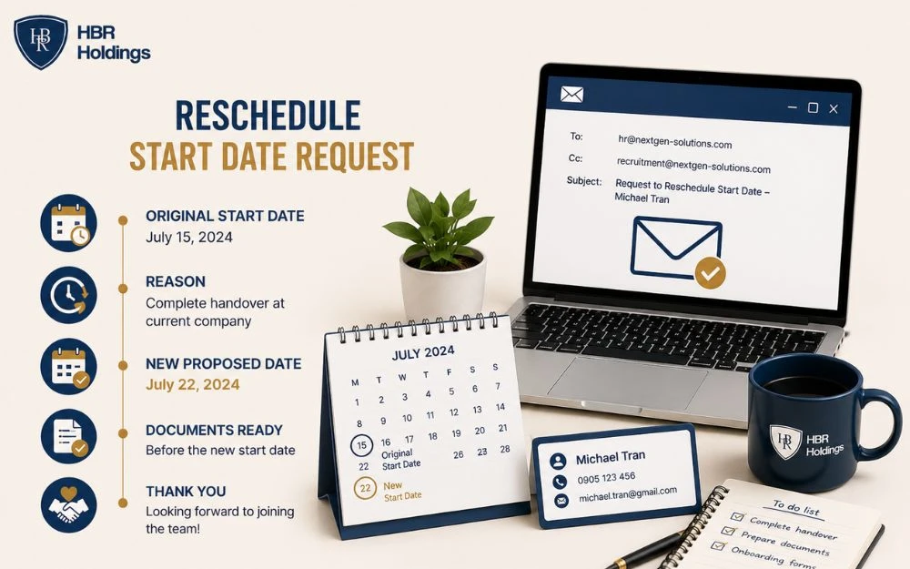 Mẫu email xin dời ngày nhận việc bằng tiếng Anh chuyên nghiệp, lịch sự và rõ ràng.