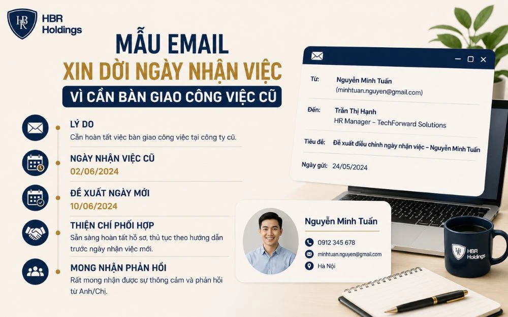 Mẫu email xin dời ngày nhận việc để hoàn tất bàn giao công việc cũ.