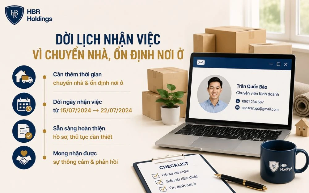 Mẫu email xin dời ngày nhận việc để chuyển nhà và ổn định nơi ở.