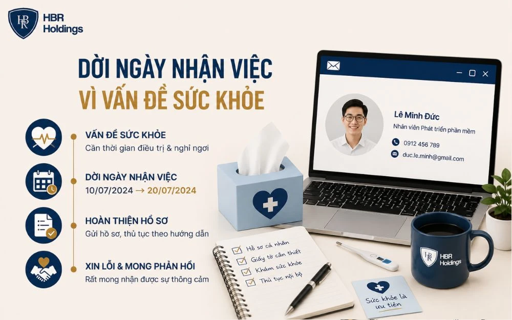Mẫu email xin dời ngày nhận việc vì vấn đề sức khỏe, lịch sự và chuyên nghiệp.