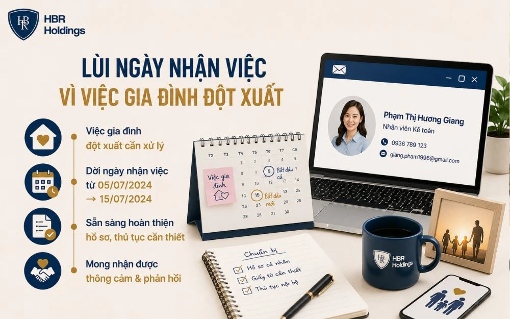 Mẫu email xin lùi ngày nhận việc vì phát sinh việc gia đình đột xuất.