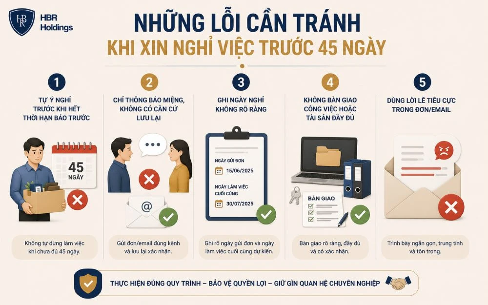 Những lỗi phổ biến cần tránh khi xin nghỉ việc trước 45 ngày đúng quy định.