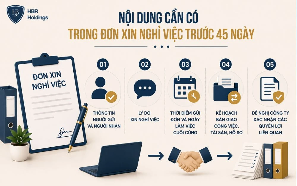 Các nội dung quan trọng cần có trong đơn xin nghỉ việc trước 45 ngày.