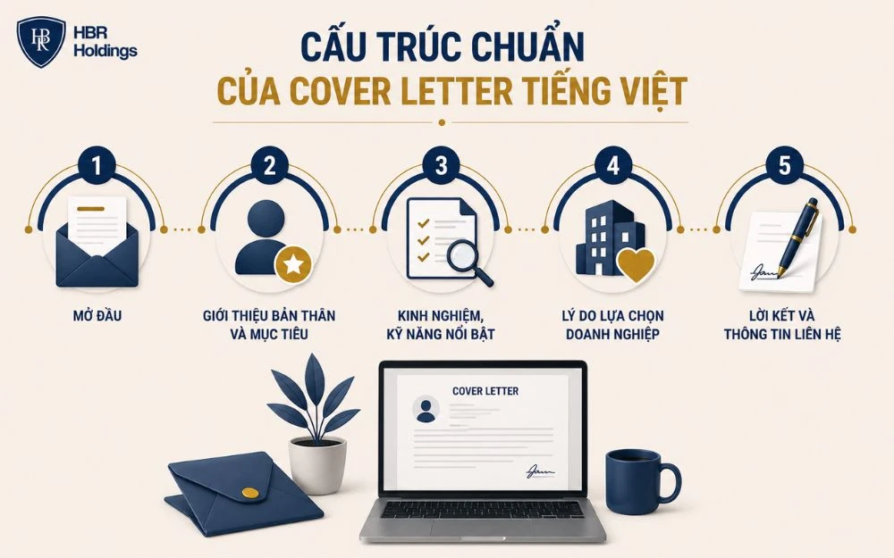 Cấu trúc 5 phần giúp cover letter tiếng Việt rõ ràng và thuyết phục hơn.