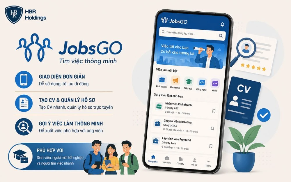 JobsGO hỗ trợ tạo CV, gợi ý việc làm và ứng tuyển nhanh trên di động.