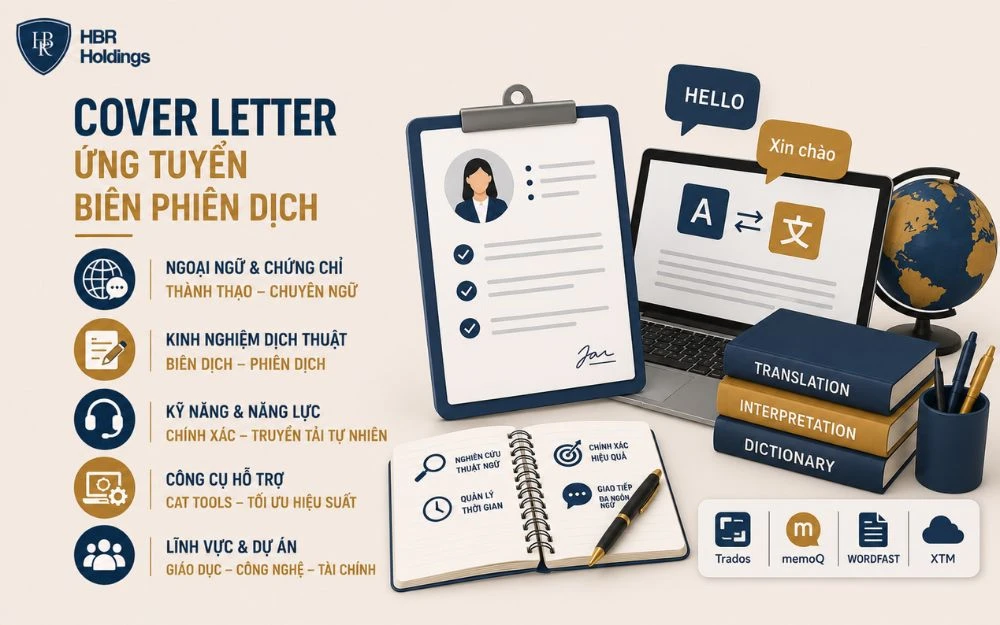 Mẫu cover letter Biên phiên dịch làm nổi bật ngoại ngữ, độ chính xác và kinh nghiệm dịch thuật.