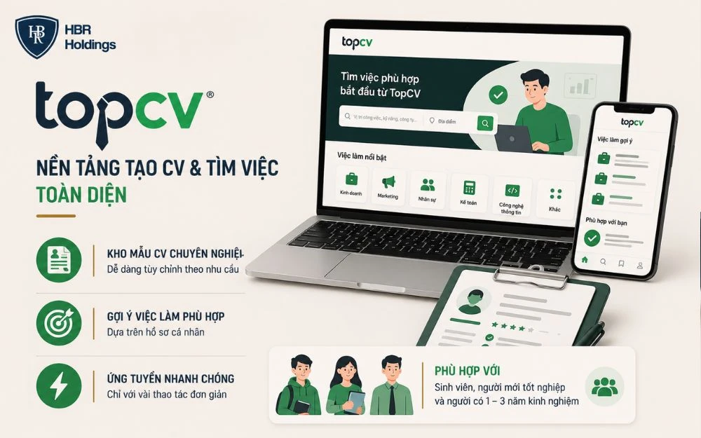 TopCV hỗ trợ tạo CV, tìm việc phù hợp và ứng tuyển nhanh chóng.