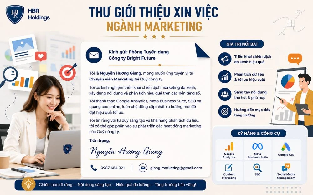 Mẫu thư giúp ứng viên Marketing làm nổi bật kỹ năng, công cụ và tư duy tăng trưởng.