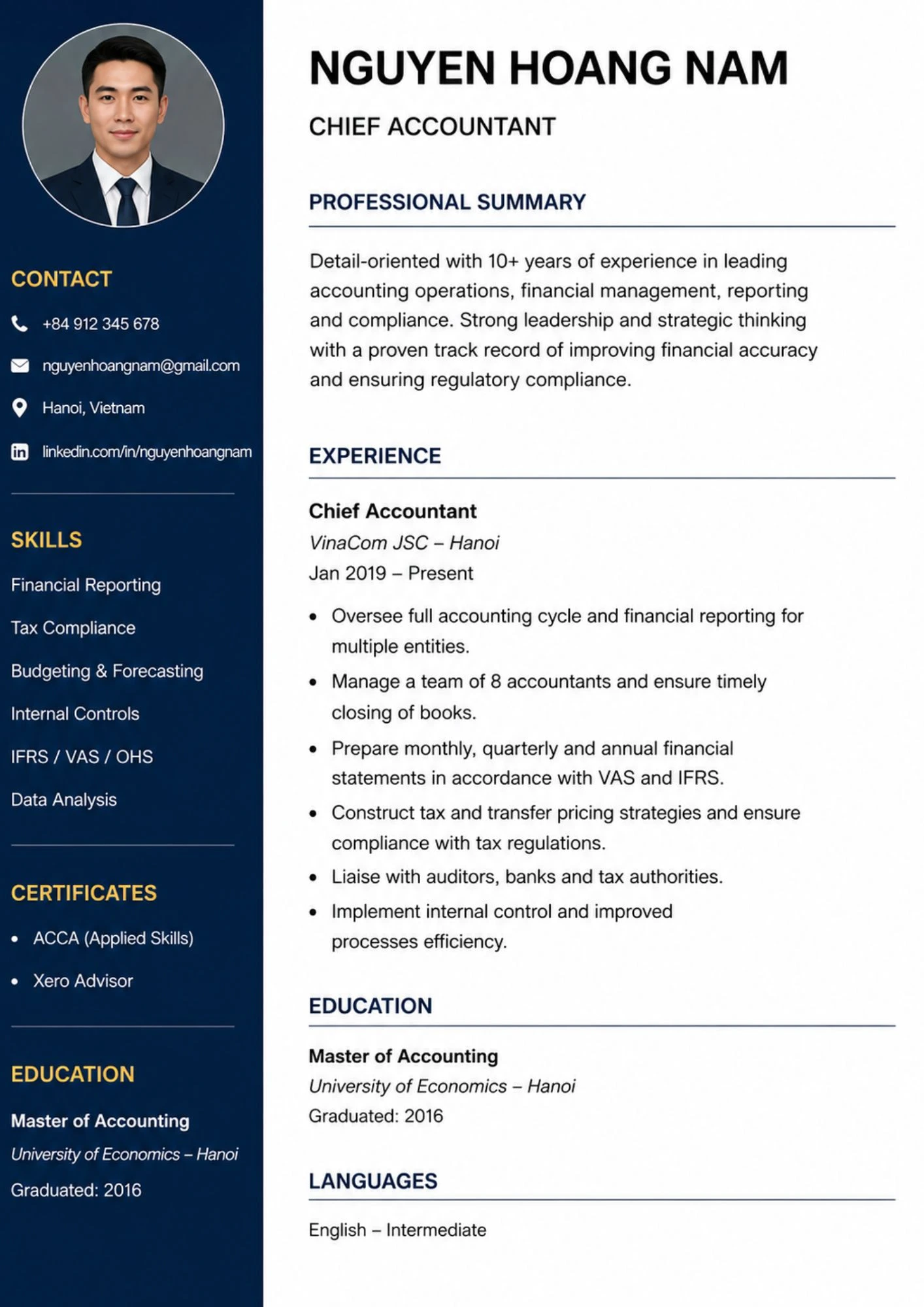 Mẫu CV kế toán trưởng
