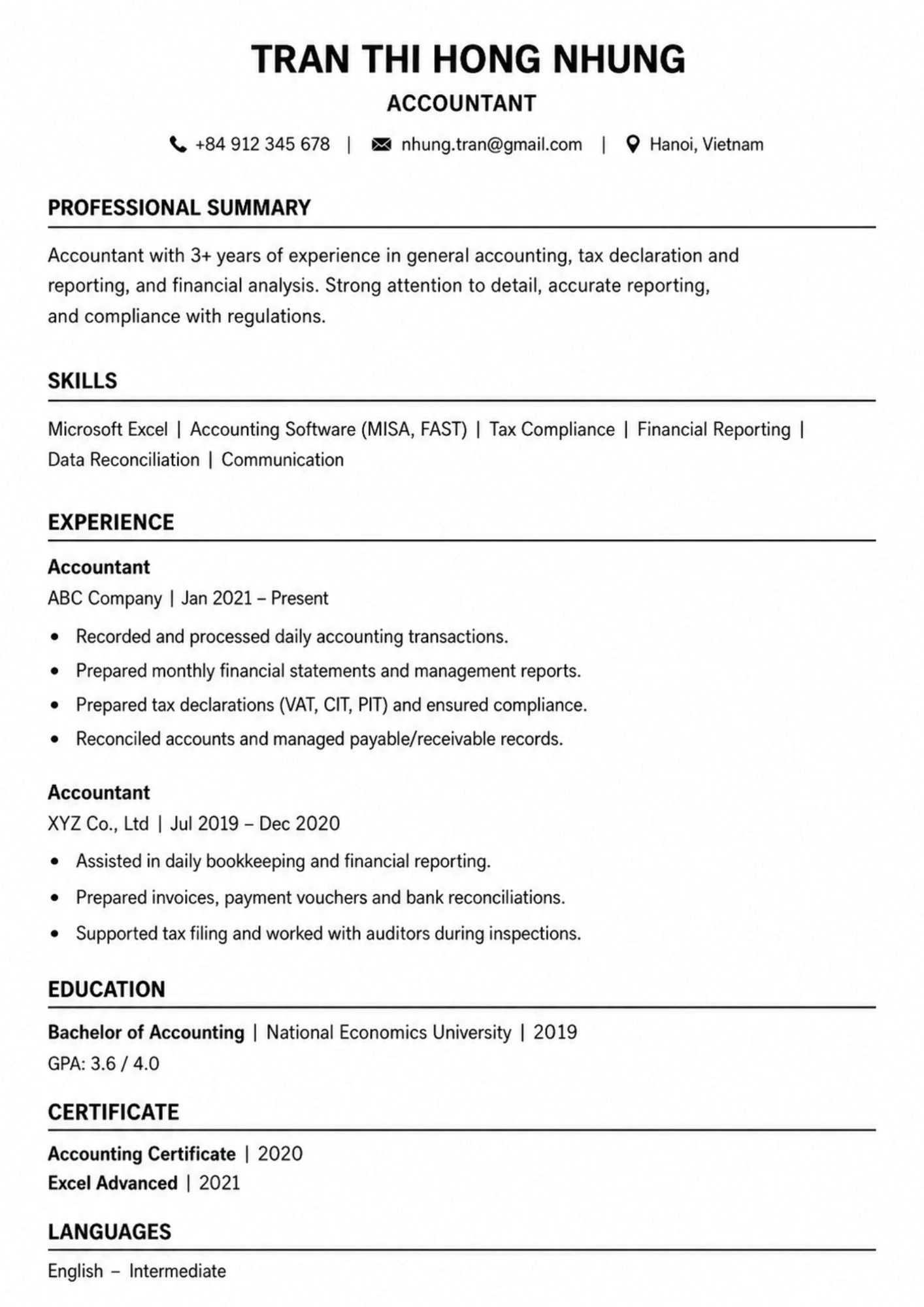 Mẫu CV kế toán chuẩn ATS