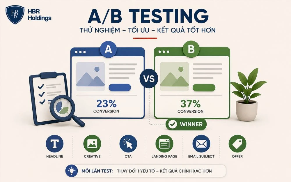 A/B Testing giúp so sánh các phiên bản và xác định yếu tố mang lại hiệu quả tốt hơn.