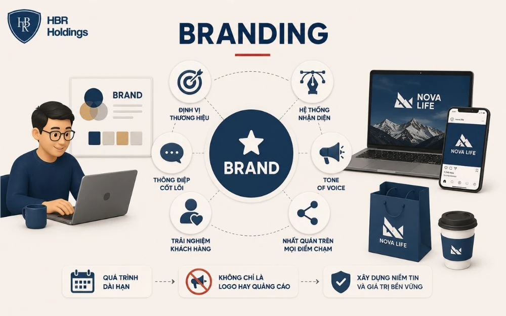 Branding xây dựng nhận diện nhất quán, niềm tin và giá trị thương hiệu dài hạn.