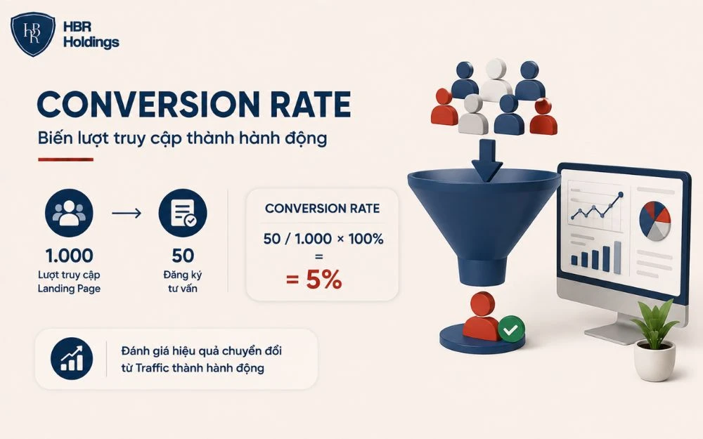 Conversion Rate giúp đo hiệu quả biến lượt truy cập thành hành động mục tiêu.