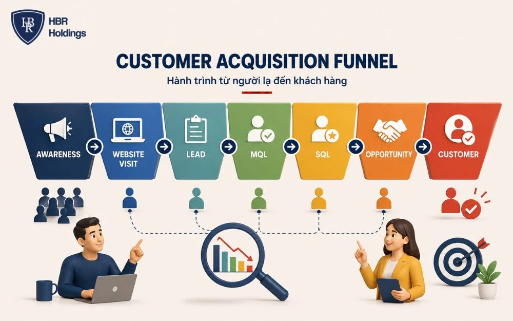 Customer Acquisition Funnel giúp Marketing và Sales theo dõi hành trình chuyển đổi khách hàng.