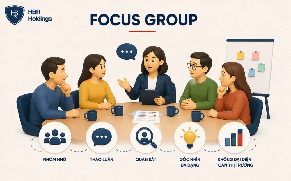 Focus Group giúp khám phá quan điểm, phản ứng và tương tác của nhóm khách hàng.
