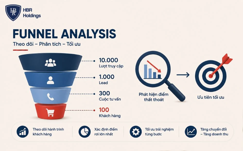 Funnel Analysis giúp xác định điểm thất thoát và tối ưu từng bước chuyển đổi.