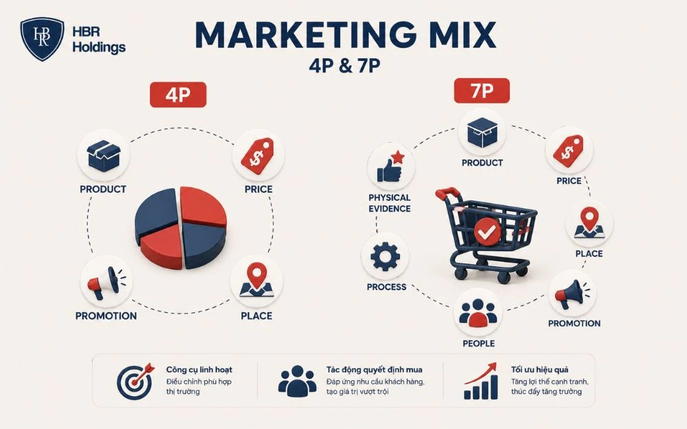 Marketing Mix kết hợp 4P và 7P để tối ưu chiến lược tiếp thị.