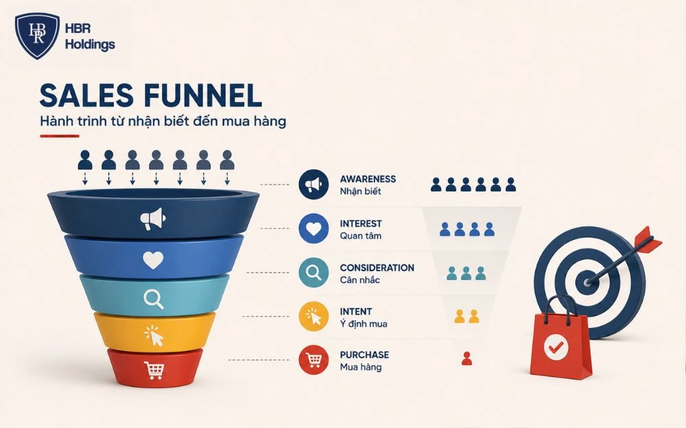 Sales Funnel mô tả hành trình khách hàng từ nhận biết đến quyết định mua hàng.
