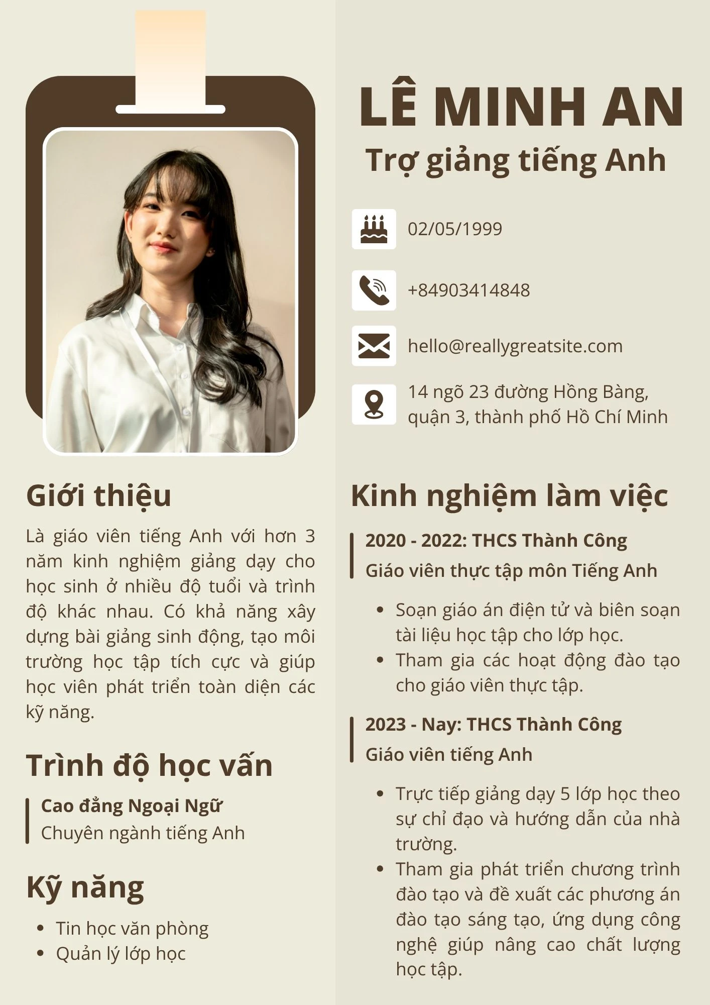 Mẫu CV trợ giảng tiếng Anh