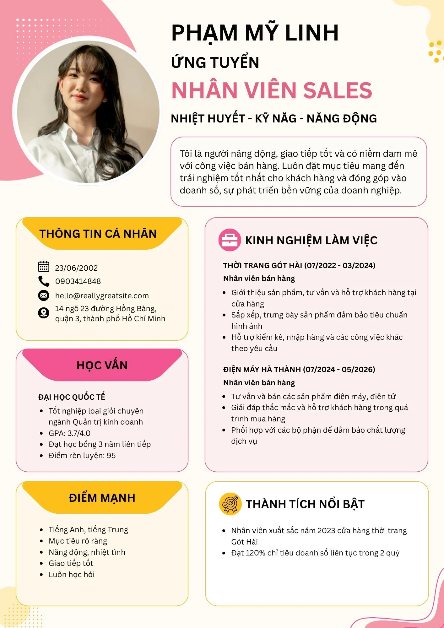 Mẫu CV nhân viên sales chưa có kinh nghiệm