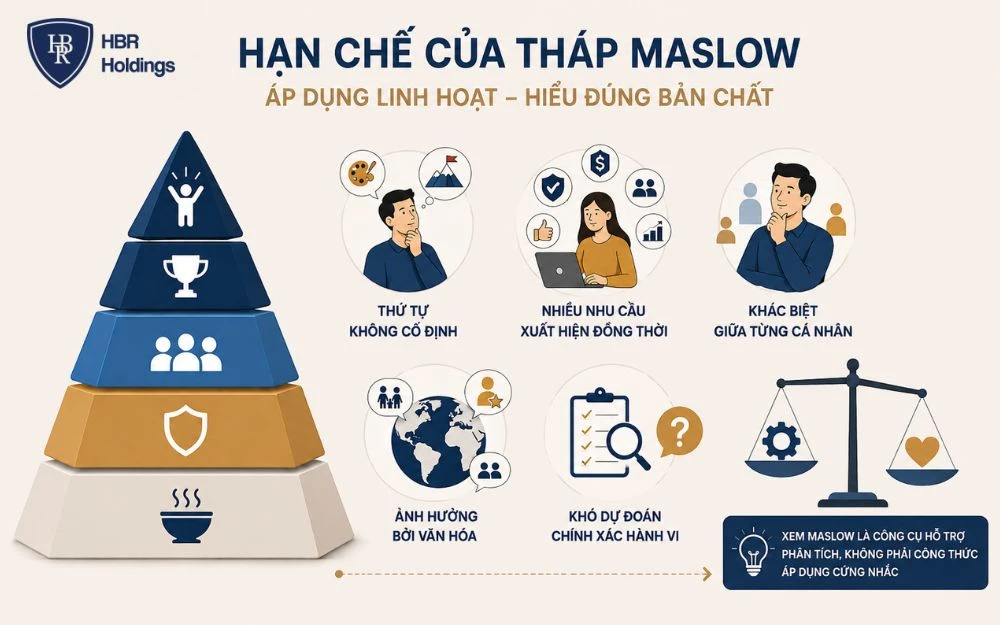 Hạn chế của Maslow cho thấy nhu cầu con người linh hoạt, đa dạng và phụ thuộc hoàn cảnh.