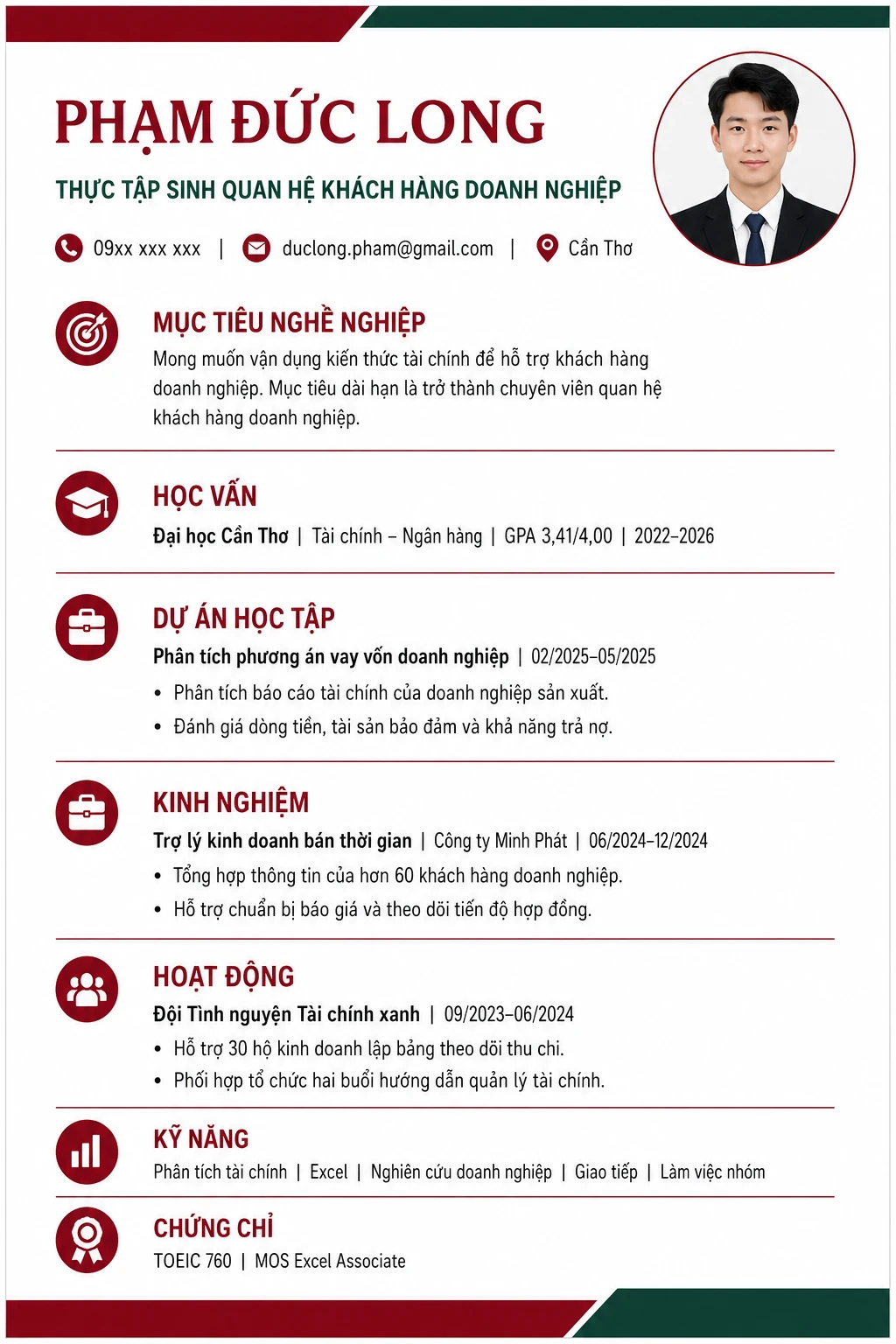 Mẫu CV tham khảo khi ứng tuyển thực tập tại Agribank