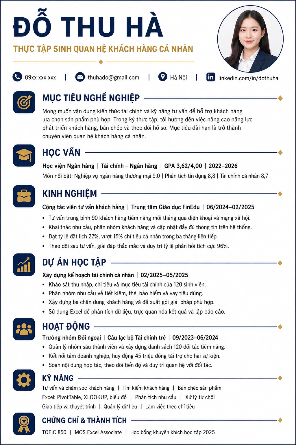CV thực tập sinh ngân hàng vị trí quan hệ khách hàng cá nhân