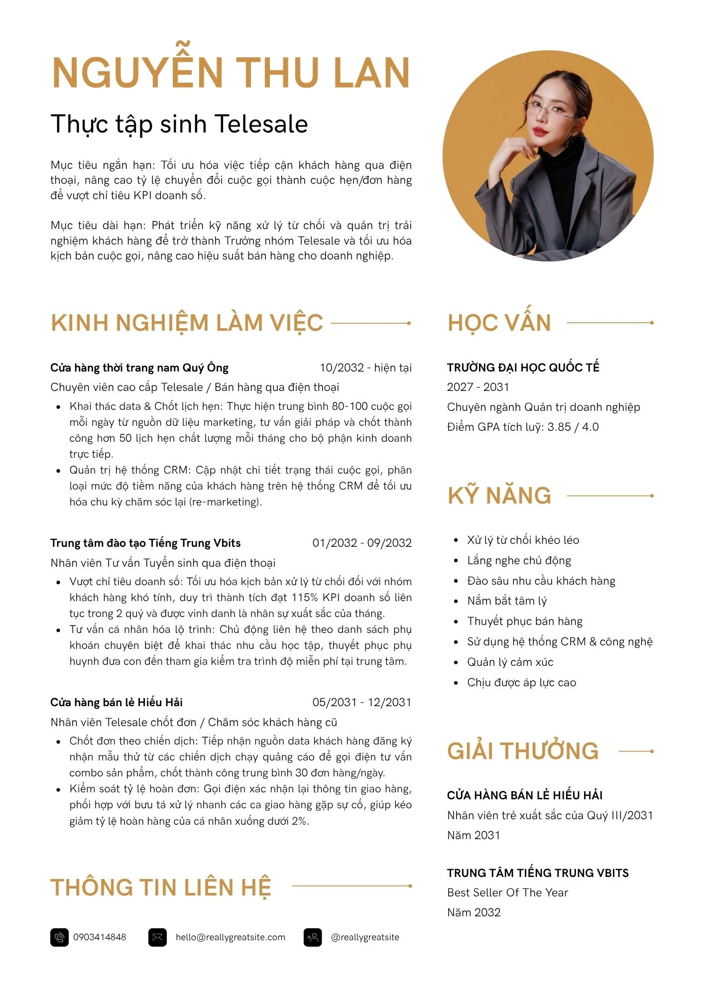 CV thực tập sinh ngân hàng vị trí telesale
