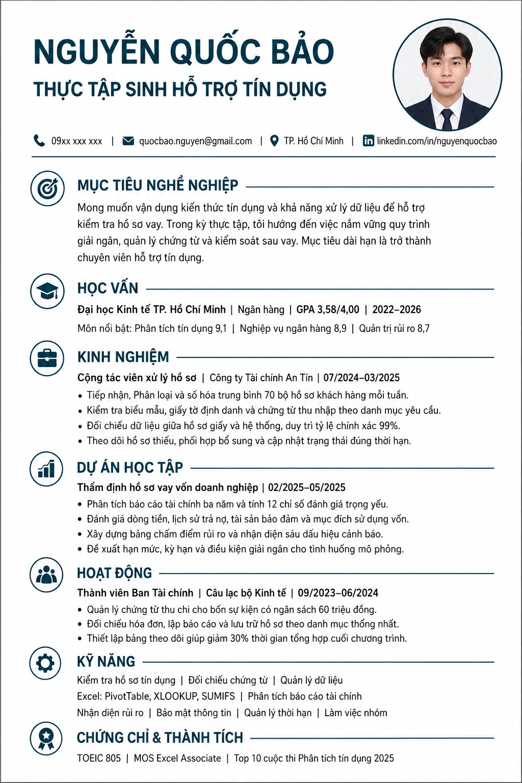 CV thực tập sinh ngân hàng vị trí hỗ trợ tín dụng