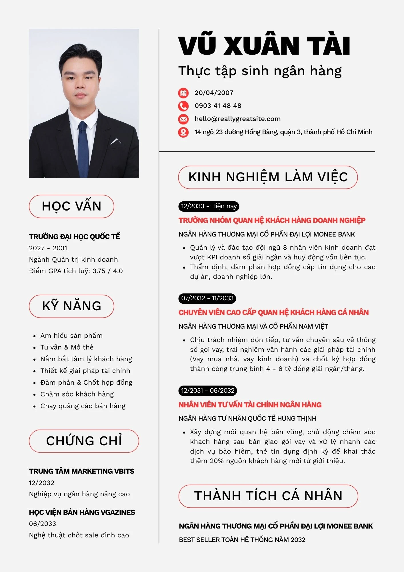 Mẫu CV tham khảo khi ứng tuyển thực tập tại Vietcombank