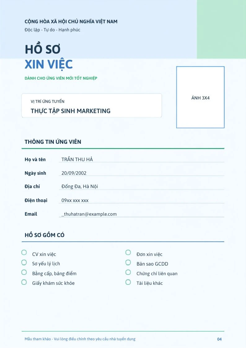 Mẫu bìa hồ sơ xin việc số 3
