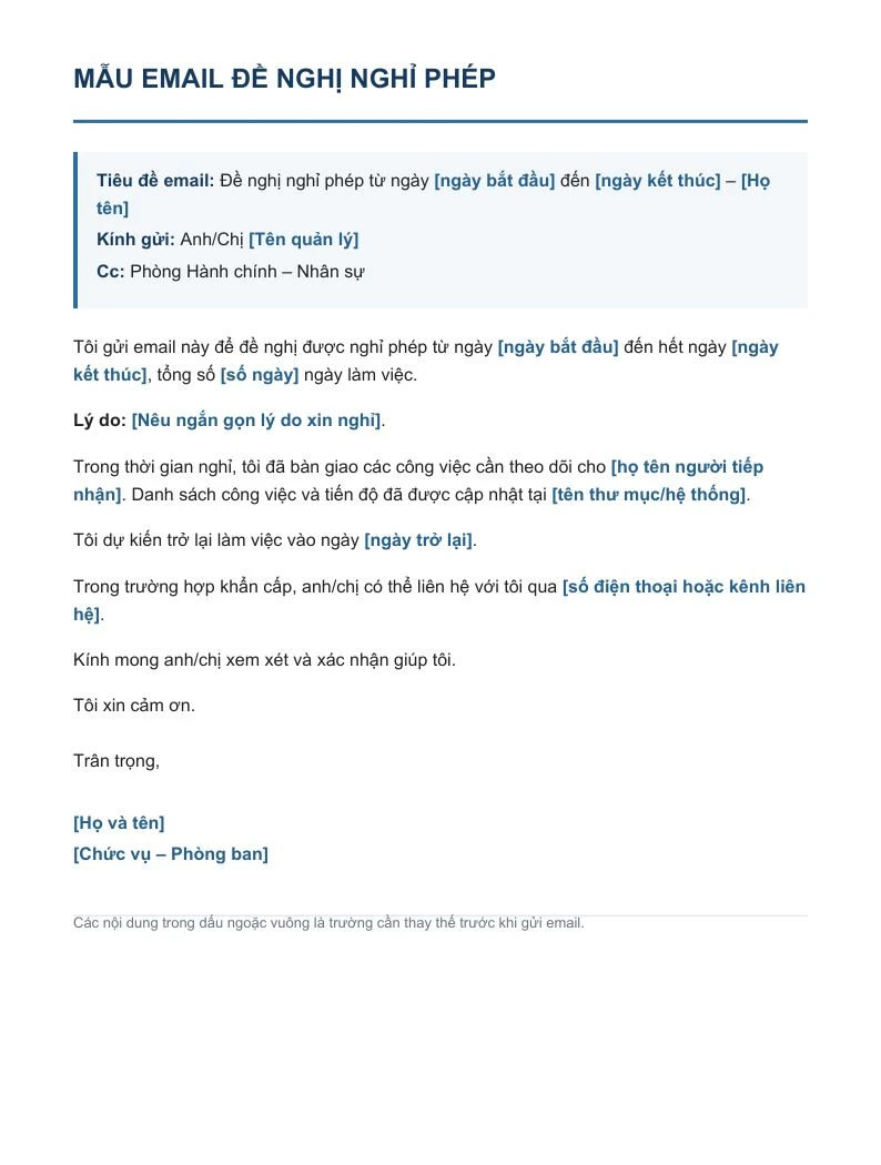 Mẫu email xin nghỉ phép công ty