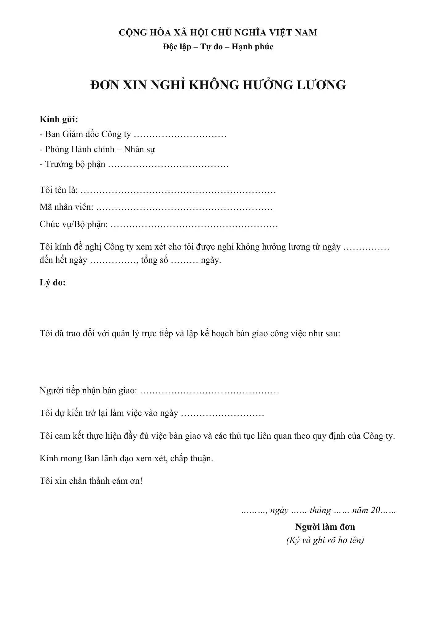 Mẫu đơn xin nghỉ không hưởng lương