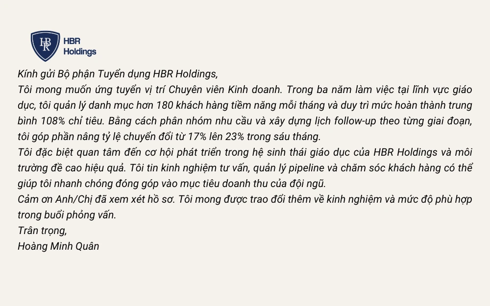 Mẫu cover letter Sales