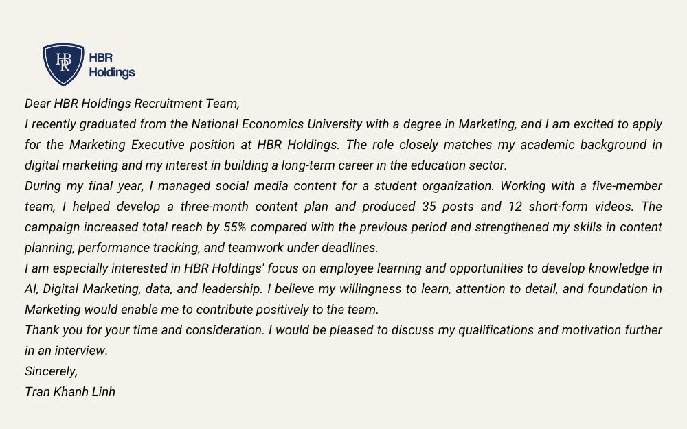 Mẫu cover letter tiếng Anh cho sinh viên mới tốt nghiệp