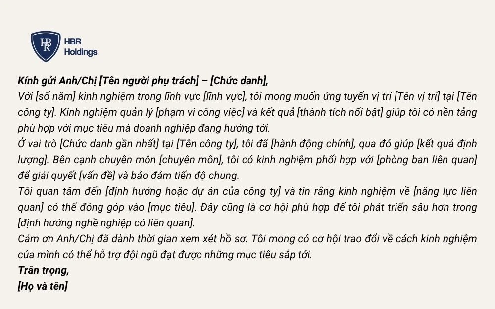 Mẫu cover letter cho người đã có kinh nghiệm