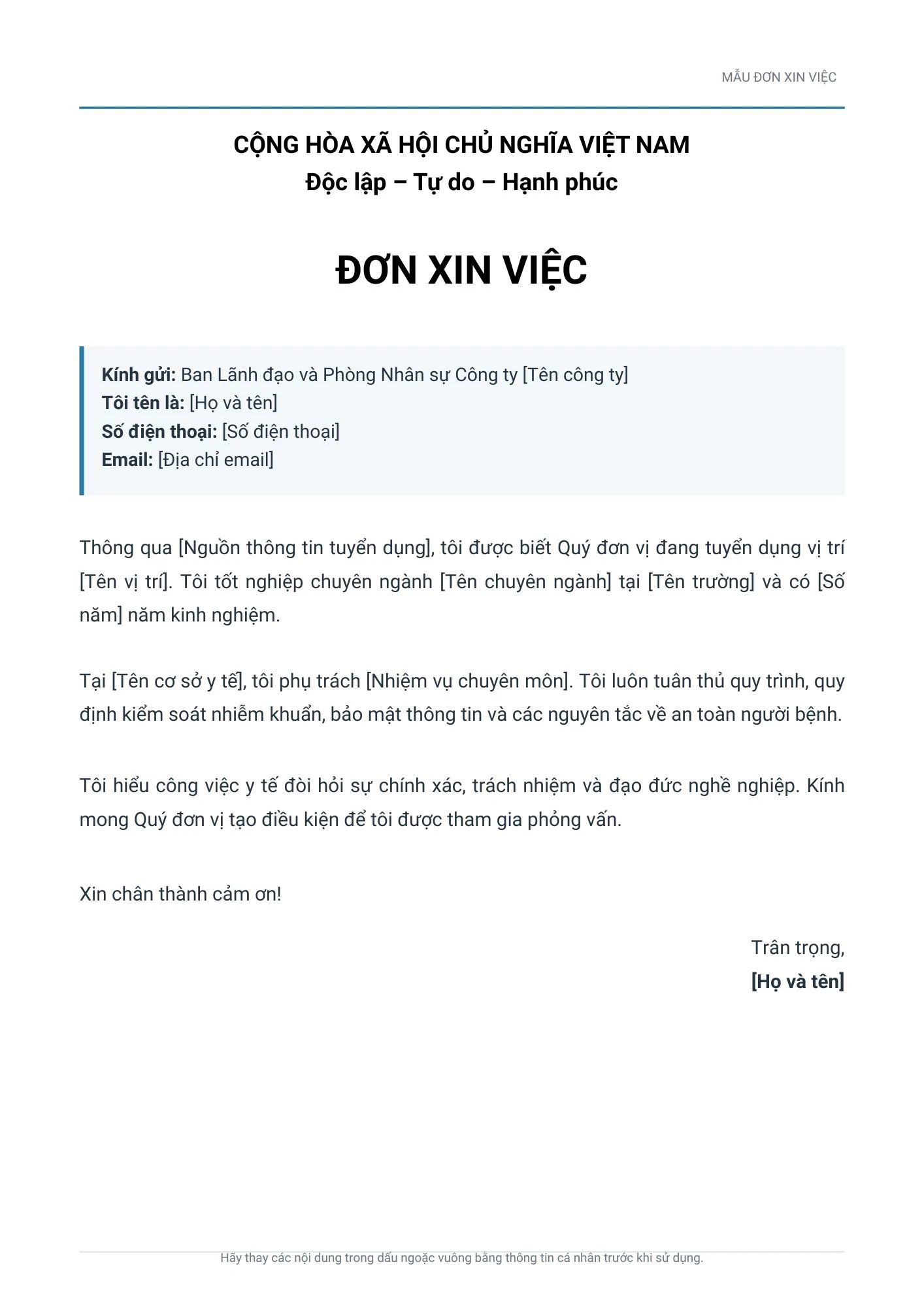 Mẫu đơn xin việc cho nhân viên bệnh viện/y tế