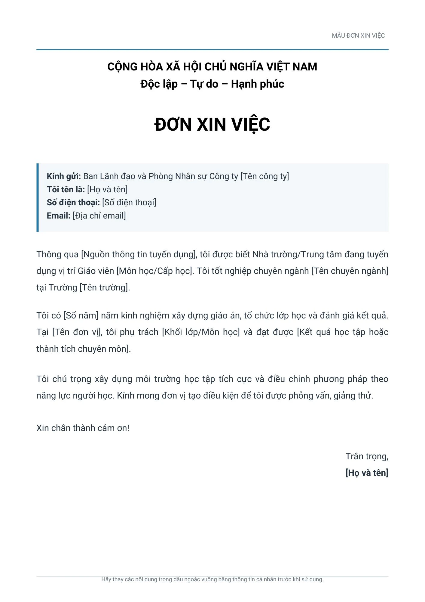 Mẫu đơn xin việc cho giáo viên
