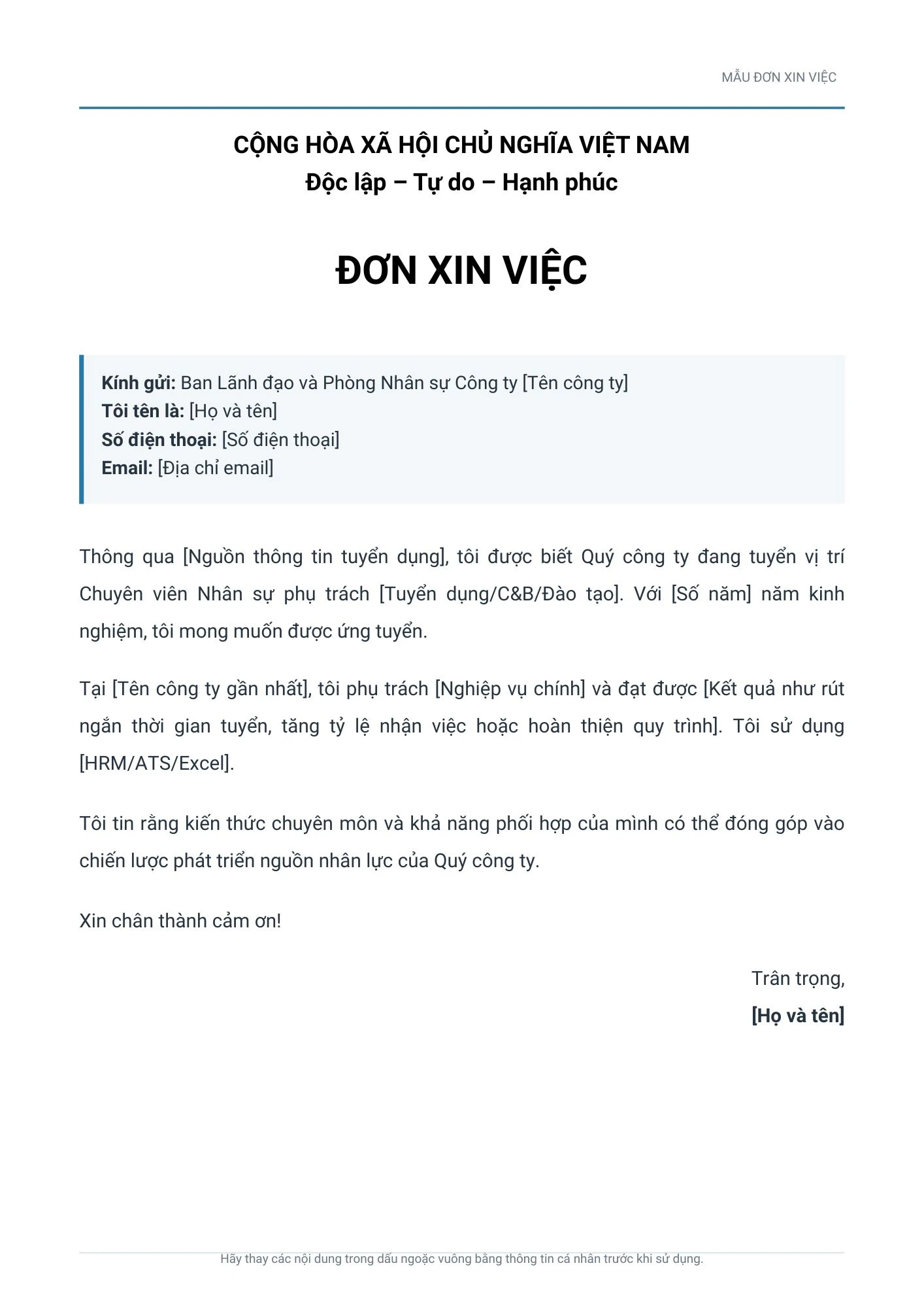 Mẫu đơn xin việc cho chuyên viên nhân sự